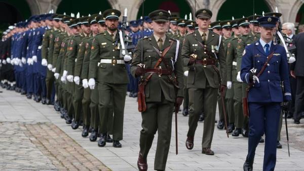 Members of the Defence Force form a guard of ho<em></em>nour during the Natio<em></em>nal Day of Commemoration Ceremony, held to ho<em></em>nour all Irishmen and Irishwomen who died in past wars or on service with the United Nations, at Royal Hospital Kilmainham, in Dublin. Picture date: Sunday July 14, 2024.