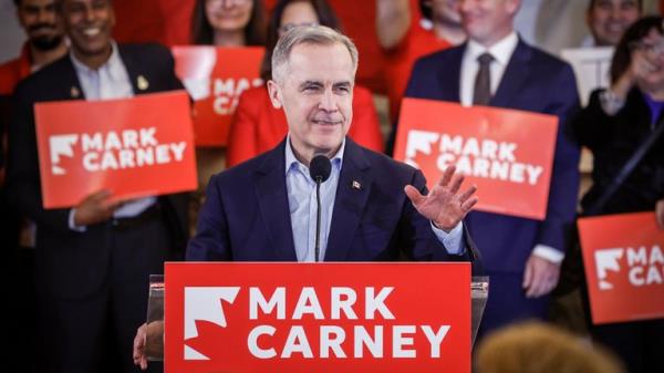 Mark Carney addresses supporters in Alberta in March. Pic: AP