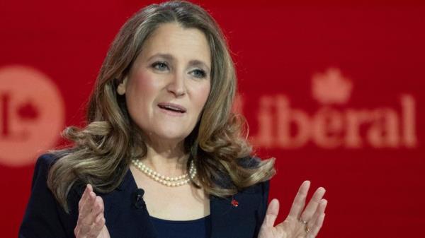 Chrystia Freeland speaks during the Liberal leadership debate in Mo<em></em>ntreal in February. Pic: AP