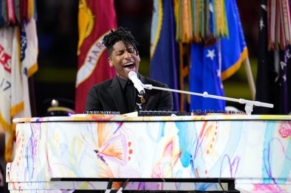 Jon Batiste performs the natio<em></em>nal anthem before the NFL Super Bowl 59 football game between the Kansas City Chiefs and the Philadelphia Eagles, Sunday, Feb. 9, 2025, in New Orleans.