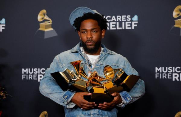 Kendrick Lamar, winner of the Record Of The Year, Best Rap Performance, Best Rap Song, Best Music Video, and Song Of The Year awards, poses with gramopho<em></em>nes after Grammys 2025.