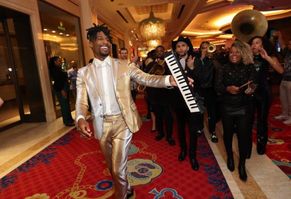 Jon Batiste performs during the grand opening of Jon Batiste's Jazz Club at Baha Mar on January 17, 2025 in Nassau, Bahamas