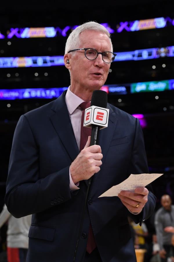 Mike Breen reports before the game between the Denver Nuggets and the Los Angeles Lakers on March 2, 2024 at Crypto.Com Arena in Los Angeles, California.