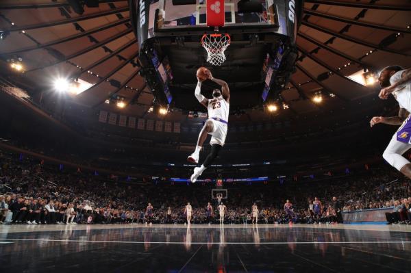 LeBron James dunks the ball during the game against the New York Knicks on February 3, 2024 at Madison Square Garden in New York City, New York. 