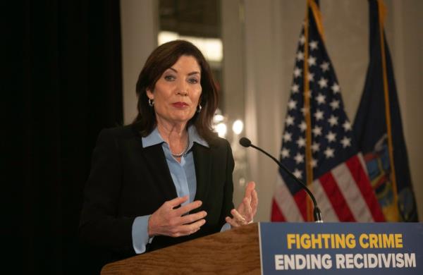 Gov. Kathy Hochul addressed the media and New York State district Attorneys at the Interco<em></em>ntinental Hotel in Manhattan, NY on January 31, 2025 wher<em></em>e the DIstrict Attorney Association met for the annual gathering.