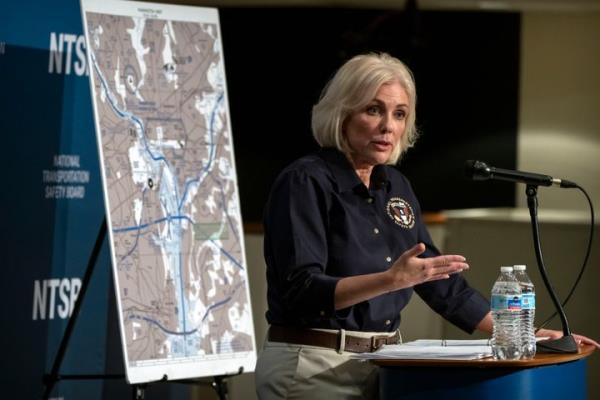 Natio<em></em>nal Transportation Safety Board Chair Jennifer Homendy speaks during a news co<em></em>nference at NTSB headquarters on Friday in Washington.