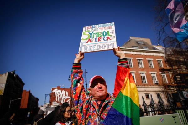 People protest outside the Sto<em></em>newall Inn in New York, the scene of riots against police raids on the gay bar in 1969, on February 14, 2025.