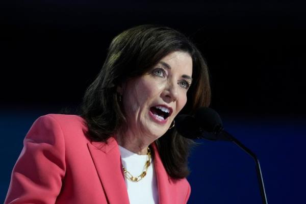 New York Gov. Kathy Hochul speaks during the Democratic Natio<em></em>nal Co<em></em>nvention in Chicago, Aug. 19, 2024. 