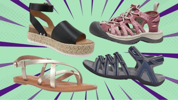 A pair of Soda buckle wedges, Viakix hiking sandals, Keen sandals and strappy Amazon Essentials sandals.