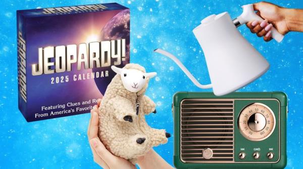 A 2025 Jeopardy! calendar, a shaved sheep plushie, a retro-style Bluetooth speaker and a Fellow electric kettle from Amazon.