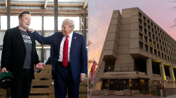 Left: Tesla and SpaceX CEO Elon Musk and President Do<em></em>nald Trump attend a campaign event in Butler, Pennsylvania, on Oct. 5, 2024. Right: FBI headquarters in Washington on Dec. 7, 2024.