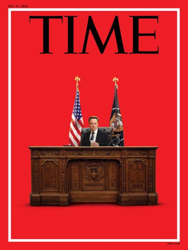 Elon Musk, the world's richest person, is seen sitting behind the White House's Resolute Desk in Time magazine's latest cover.