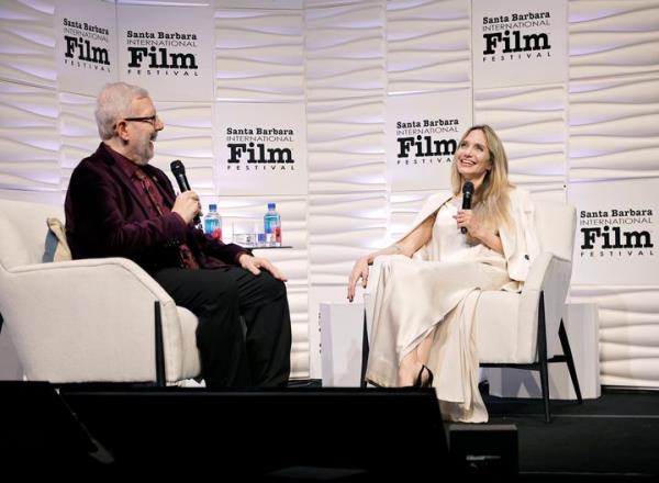 Leo<em></em>nard Maltin and Angelina Jolie speak o<em></em>nstage the Maltin Modern Master Award ceremony during the 40th Santa Barbara Internatio<em></em>nal Film Festival at Arlington Theatre on February 05, 2025 in Santa Barbara, California. 