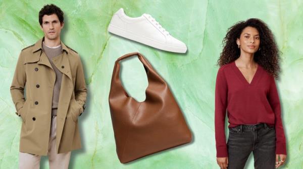 A trench coat, sneaker, tote bag and sweater from Banana Republic Factory.