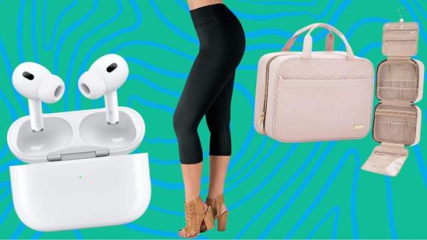 Apple AirPod Pros, high-waisted leggings and travel toiletry bag.