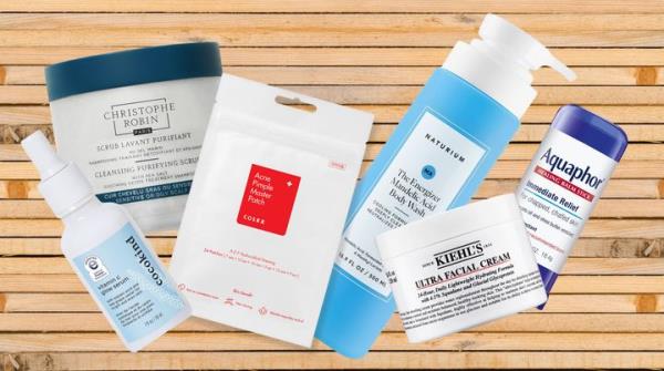 A Cocokind vitamin C serum, Christophe Robin scalp scrub, Cosrx pimple patches, Naturium body wash, Kiehl's ultra facial cream and Aquaphor balm stick.